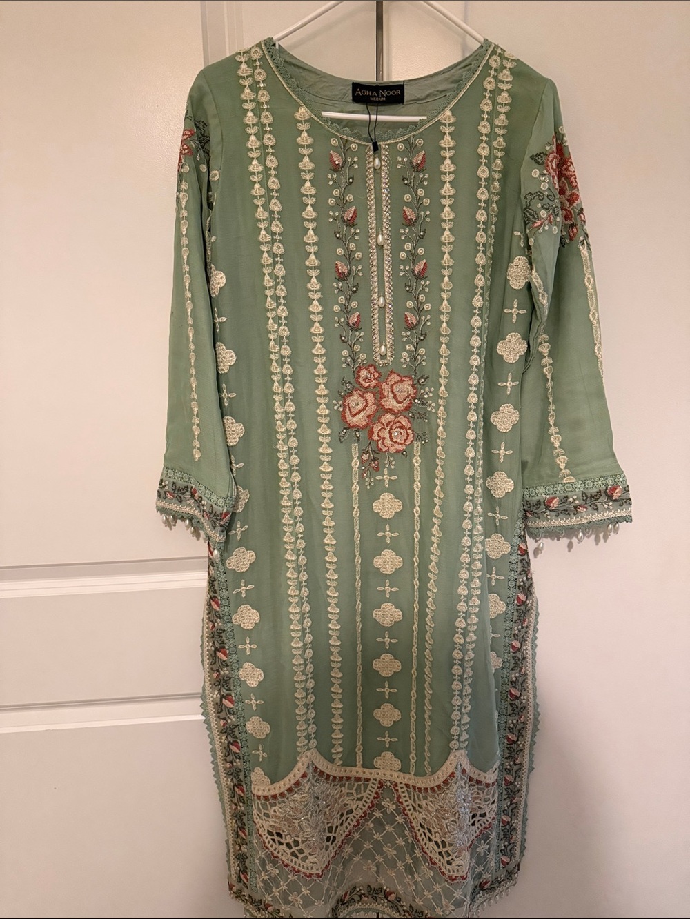 Agha Noor Sage Green Embroidered Floral Kurta Dress